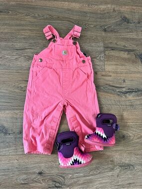 SET Infant 12m Pink Carhartt Overalls + Bogs Boots 4